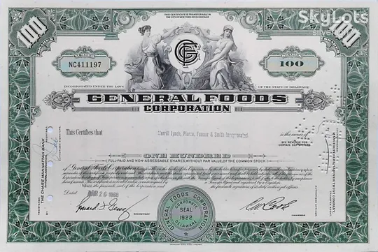 Акція Сертифікат на 100 Акцій General Foods Corporation 1968 США Mt 16 Ціна