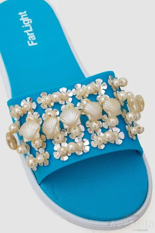 Купити Шлепанцы женские с бусинами, цвет бирюзово-белый, 243R8459-4