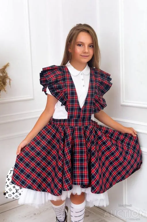 Купити Сарафан для дівчинки колір темно синій червона клітинка 2012