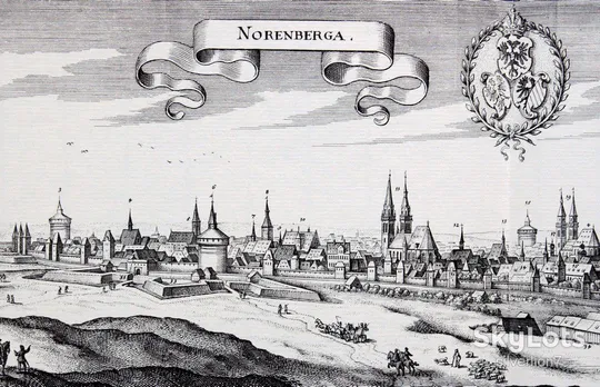 Старовинна гравюра на папері верже Вид на Нюрнберг, 1648, M. Merian Де купити