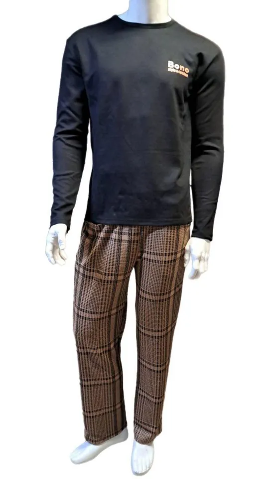 Піжама чоловіча лонгслів і штани Bono в клітинку чорний/кава (розміри: 48-58) 50 Ціна
