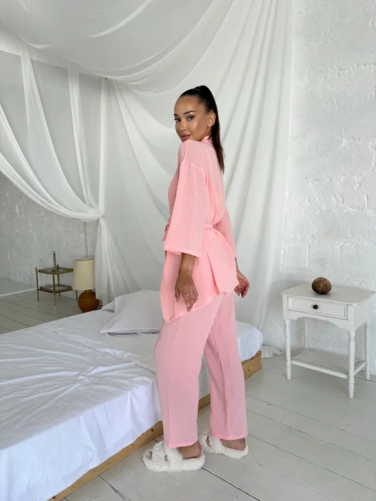 Комплект для дому і сну трійка з мусліну, халат кімоно, топ і штани персиковий Інтернет-аукціон