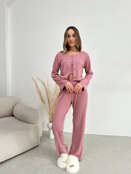 фото, Комплект домашній костюм трійка Christel 165 трикотаж рубчик бавовна 100% рожевий розмір S/M