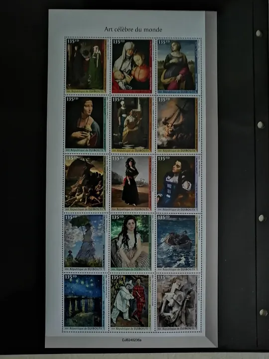 Джибути-Живопись-Картины знаменитых Художников-2024.Чистый полный красивый комплект-Лист 15 марок.MNH. З аукціону
