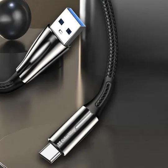 Кабель ColorWay USB - USB Type-C (M/M), Zinc Alloy + Led, 2.4 А, 1 м, Black (CW-CBUC035-BK) Де купити