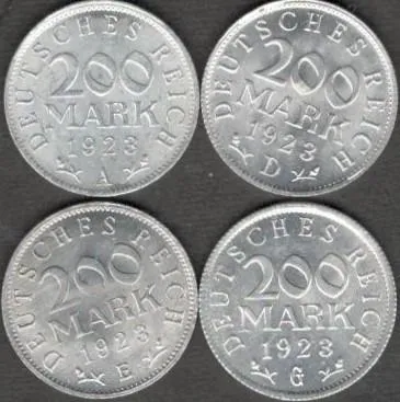 НОВОРІЧНІ ЗНИЖКИ !!! ХАЛЯВА !!! Третий рейх 200 марок "A,D,E,G" 1923 г.   Декабрь 1922 года приход к власти Адольфа Гитлера. Первые монеты Третьего Рейха.  СОСТОЯНИЕ МОНЕТ ИДЕАЛЬНОЕ.   МОНЕТАМ 102 ГОДА. Ціна