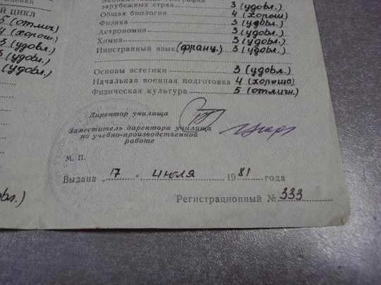 документ выписка оценок успеваемости спту №10 лесоводы 1981 №2899 Продаж