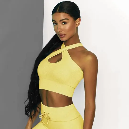 Комплект для фитнеса топ и велосипедки Рубчик 9628 M желтый Недорого