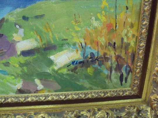 Картина Горный пейзаж горы река Якубек 1961 г. холст, масло в ажурной раме размер 118,6х158 см №186 Недорого