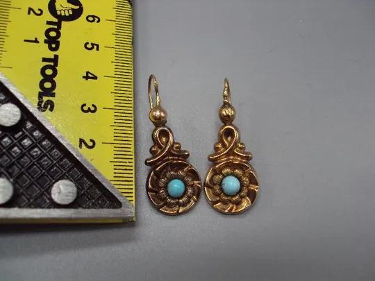 Купити Серьги цветы бирюза цветочки пустотелые золото клеймо ИП 56 проба длина 3,9 см, вес 5,35 г №11688