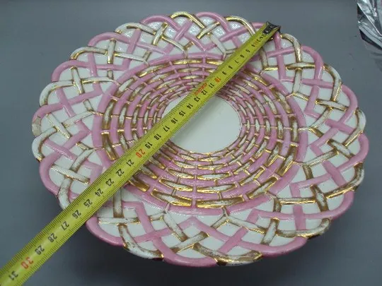 Фруктовница розовая фарфор М.С. Кузнецова Тверь тарелка на подставке размер 9,6 х 26,5 см №13348 Інтернет-аукціон