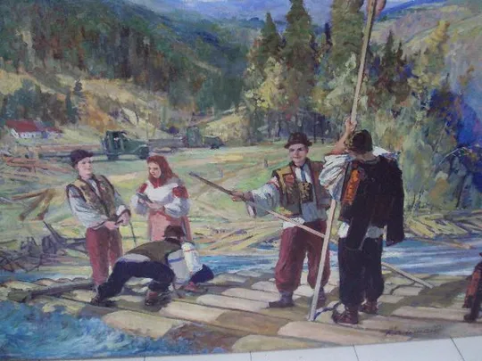 Картина Сплав леса гуцулы Кашшай холст, масло размер 100 х 199,8 см №184 Продаж