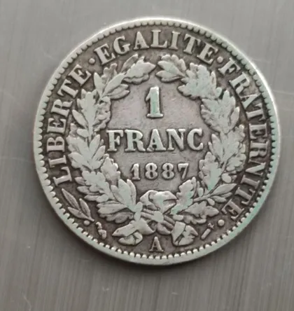 фото, Монета 1 франк 1887 года серебро Церера(богиня Урожая) оригинал Франция gk624