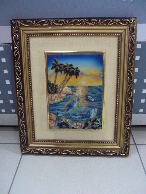Картина барельеф морской пейзаж с дельфинами море в раме 33 х 27,5 см №11033 Ціна