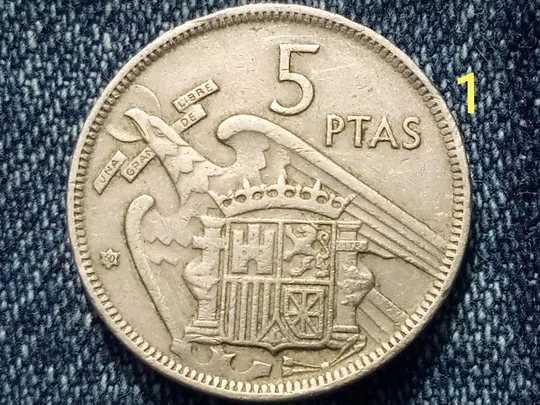 Испания, 5 песет (1957 г.) Дата в звезде (60). Ціна