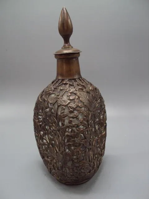 Штоф графин Китай 80-е года стекло, металл узор рыбы цветы рыбки высота с крышкой 28 см №13953 Де купити