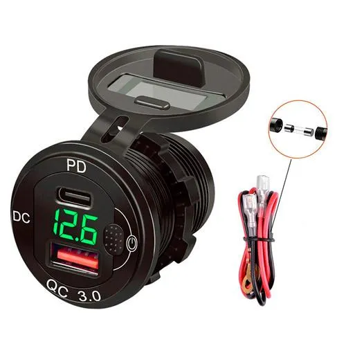 Встраиваемый адаптер Type-C PD USB QC3.0 с вольтметром 12-24В в прикуриватель Ціна