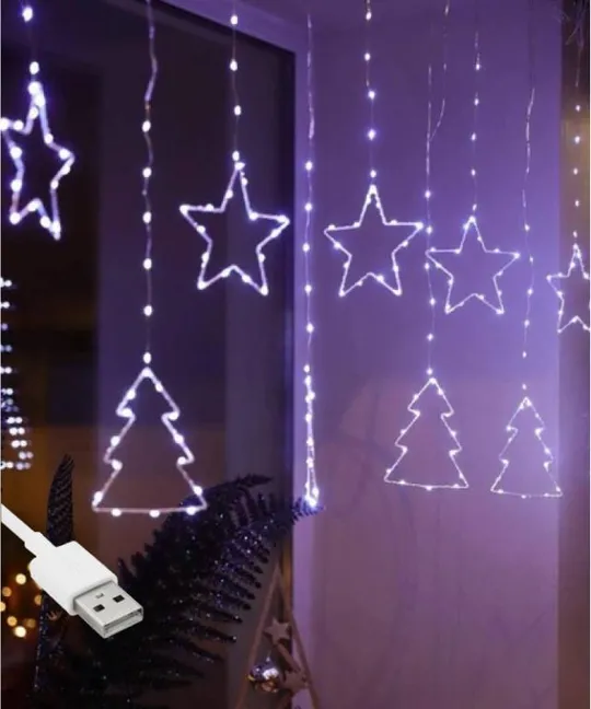 Гирлянда штора роса "Елочки Звезды" от USB, 3x1м, 10 фигурок, 8 режимов Холодный белый Ціна