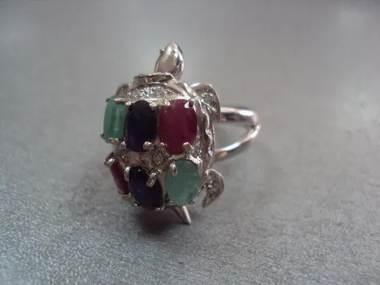 кольцо черепаха черепашка с камнями рубин, сапфир, изумруд серебро 925 проба 13,99г размер 17,5 №151 Ціна