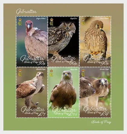 фото, Гибралтар-Хищные птицы-2024. Чистый полный красивый комплект-М/Лист+серия 6 марок.MNH.