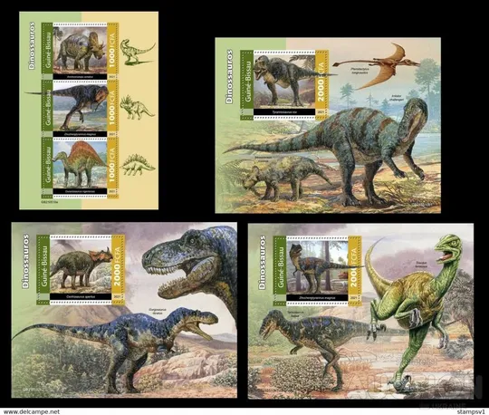 Гвинея Бисау-Динозавры-2021.Чистый полный красивый комплект-3 Блока+ М/Лист.MNH. Ціна