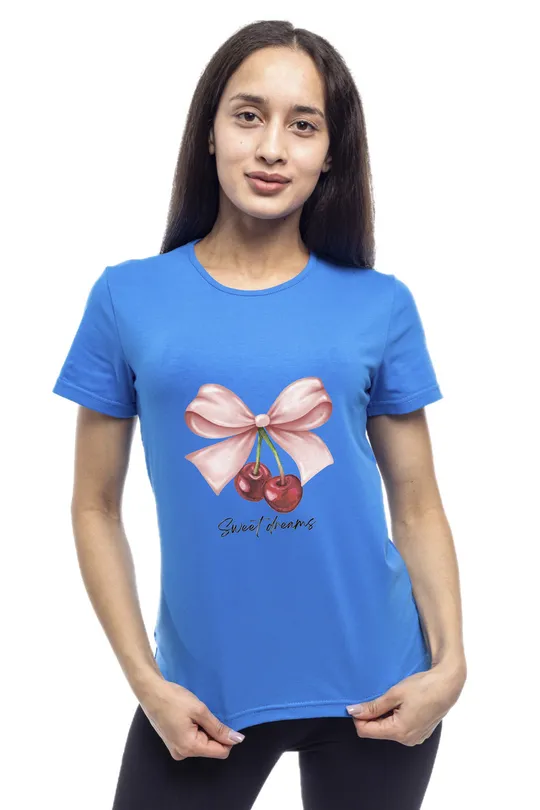 Футболка жіноча однотонна бавовняна Bono принт Вишні прямого крою (різні кольори) 50, Синій Ціна