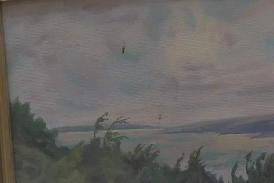 Картина пейзаж Ветрянный день р.Волга. Буря, ураган. масло картон №61 Де купити