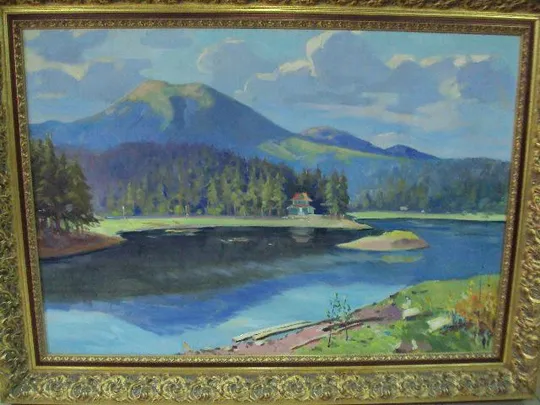 Купити Картина Горный пейзаж горы река Якубек 1961 г. холст, масло в ажурной раме размер 118,6х158 см №186