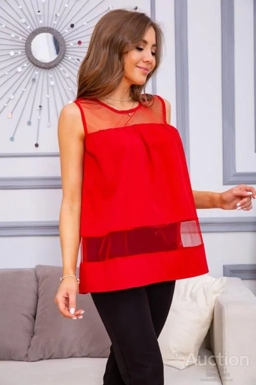 Купити Летняя шифоновая блуза, с сеткой красного цвета, 172R015
