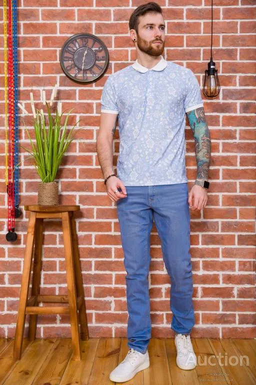 Мужское поло, в цветочный принт, голубого цвета, 194R2120 З аукціону