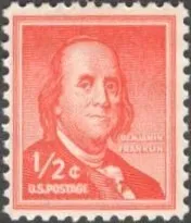 США (USA) 1952 г.  1/2 цента.  БЕНДЖАМИН ФРАНКЛИН. ОСНОВАТЕЛЬ СОЕДИНЁНЫХ ШТАТОВ . МАРКЕ 72 ГОДА. РЕДКАЯ С КЛЕЕМ.  СОСТОЯНИЕ ИДЕАЛЬНОЕ. Ціна