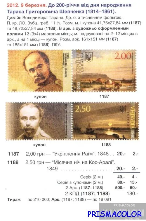 Купити ** УКРАИНА 2012 N1187-1188 марки Живопись Шевченко СЕРИЯ