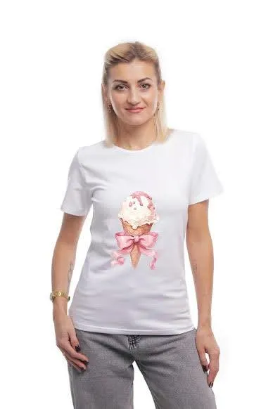 фото, Футболка жіноча однотонна бавовняна Bono принт Морозиво прямого крою (різні кольори) 50, Білий