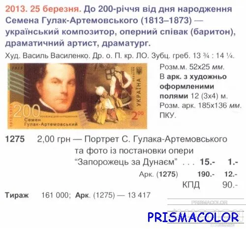 Купити ** УКРАЇНА 2013 аркуш 200 років від дня народження композитора Семена Гулак-Артемовського