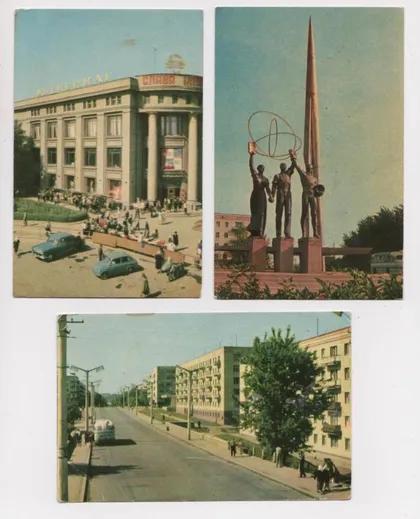 фото, ХМЕЛЬНИЦКИЙ = УНИВЕРМАГ - МОНУМЕНТ НА ЧЕСТЬ ПОКОРИТЕЛЕЙ КОСМОСА - ул.ФРУНЗЕ = 1968 г. = 3 открытки