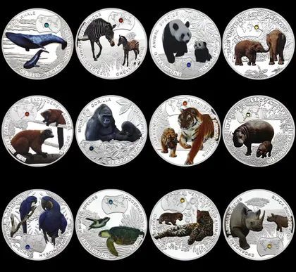 фото, Набір із 12-ти монет з срібним покриттям "Зникаючі тварини світу". ZAMBIA, 1000 KWACHA, 2014 р.