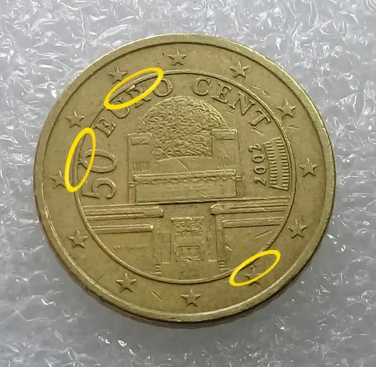 (2250) 50 євроцентів 2002 Австрія викрошки на аверсі (50 евроцентов 2002 Австрия брак) в Україні