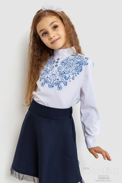 Блуза для девочек нарядная, цвет бело-синий, 172R025 Продаж
