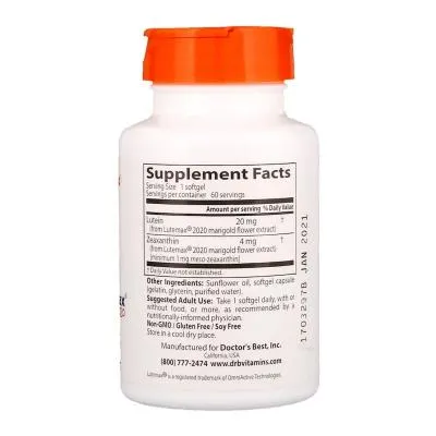 Купити Аминокислота Doctor&#039;s Best Лютеин, Lutein with Lutemax 20 мг, 60 желатиновых капсул (DRB00369)