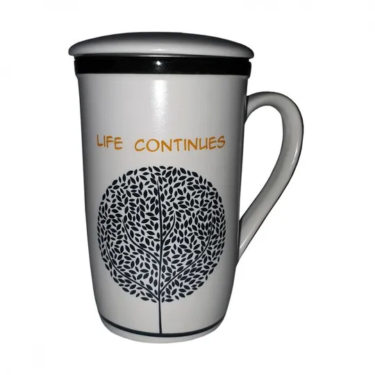 Кружка с крышкой и ситом "Жизнь продолжается", 350мл (Чашка заварник для чая с металлическим ситом) Продаж