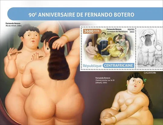 ЦАР-Живопись-Фернандо Ботеро-2022. Чистый полный красивый комплект.MNH. Ціна