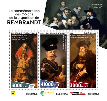 фото, Гвинея-Гвинея Бисау-ЦАР- Живопись-Рембранд-2024.Чистый полный красивый комплект. MNH.