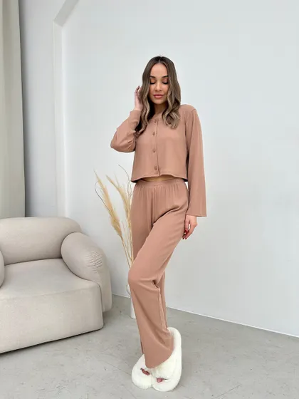 фото, Комплект домашній костюм трійка Christel 165 трикотаж рубчик бавовна 100% бежевий розмір S/M