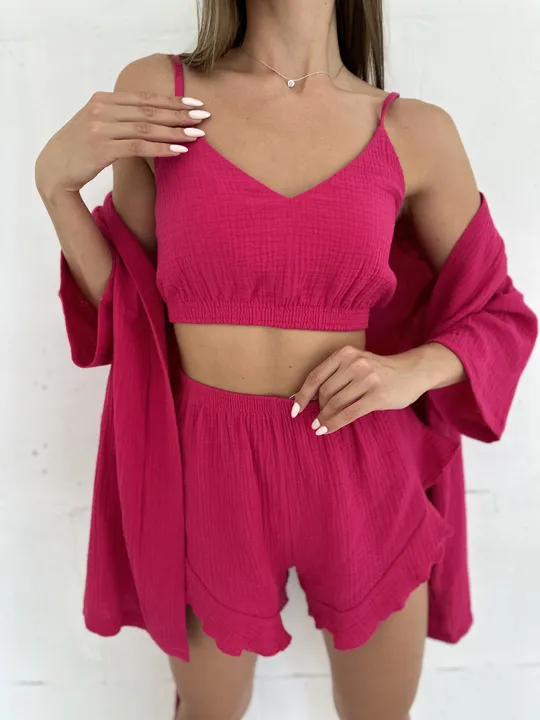 Комплект для дому і сну трійка з мусліну, халат кімоно, топ і шортики малиновий Характеристики