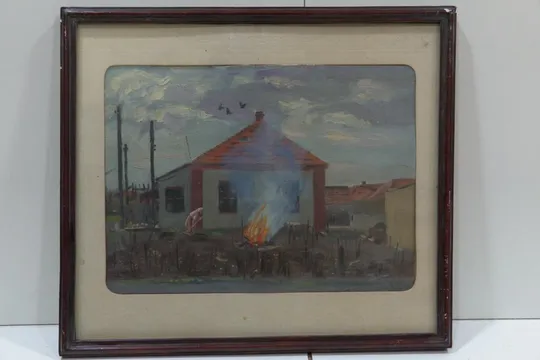 Картина Городской пейзаж Дом. Костер огонь. масло картон В раме 46х41 см, без рамы 37х27 см №85 Ціна