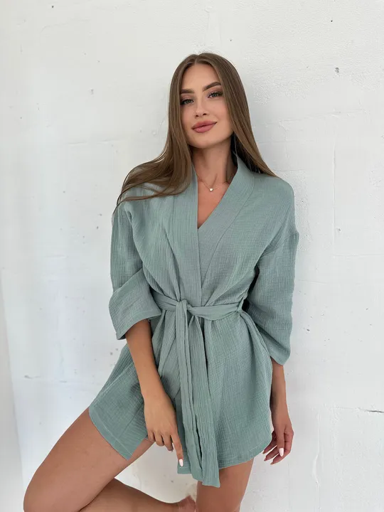 Купити Комплект для дому і сну трійка з мусліну, халат кімоно, топ і шортики фісташка розмір S