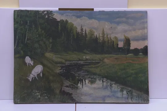 Картина пейзаж пасутся козы. Лаган 1963 г. масло холст 85 х 58,5 см №19 Ціна