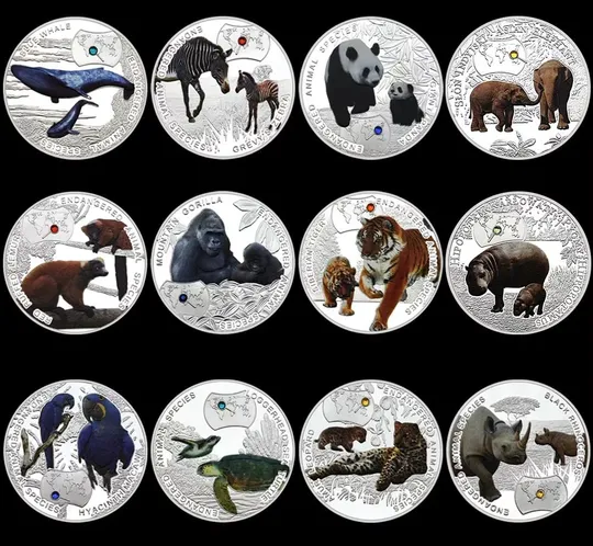 Набір із 12-ти монет з срібним покриттям &quot;Зникаючі тварини світу&quot;. ZAMBIA, 1000 KWACHA, 2014 р. Ціна