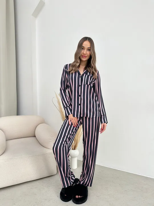 Купити Комплект домашній костюм сорочка і штани Christel 129 шовк Армані в смужку чорний S