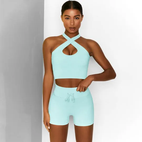 Комплект для фитнеса топ и велосипедки Рубчик 9632 M голубой Ціна